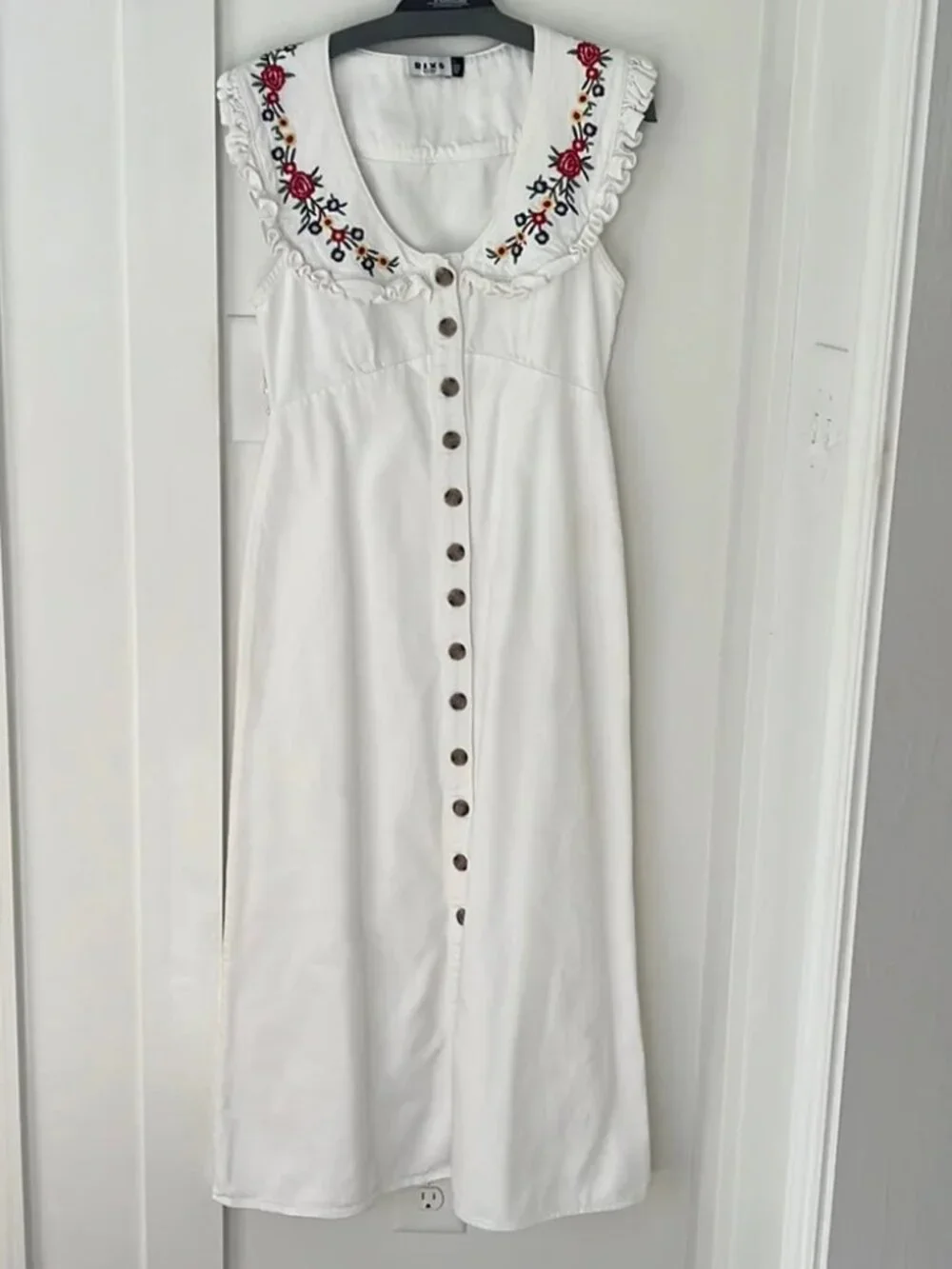 RIXO Nova Dress Midi Floral Embroidered Spread Collar Ecru Button front M - Picture 14 of 14